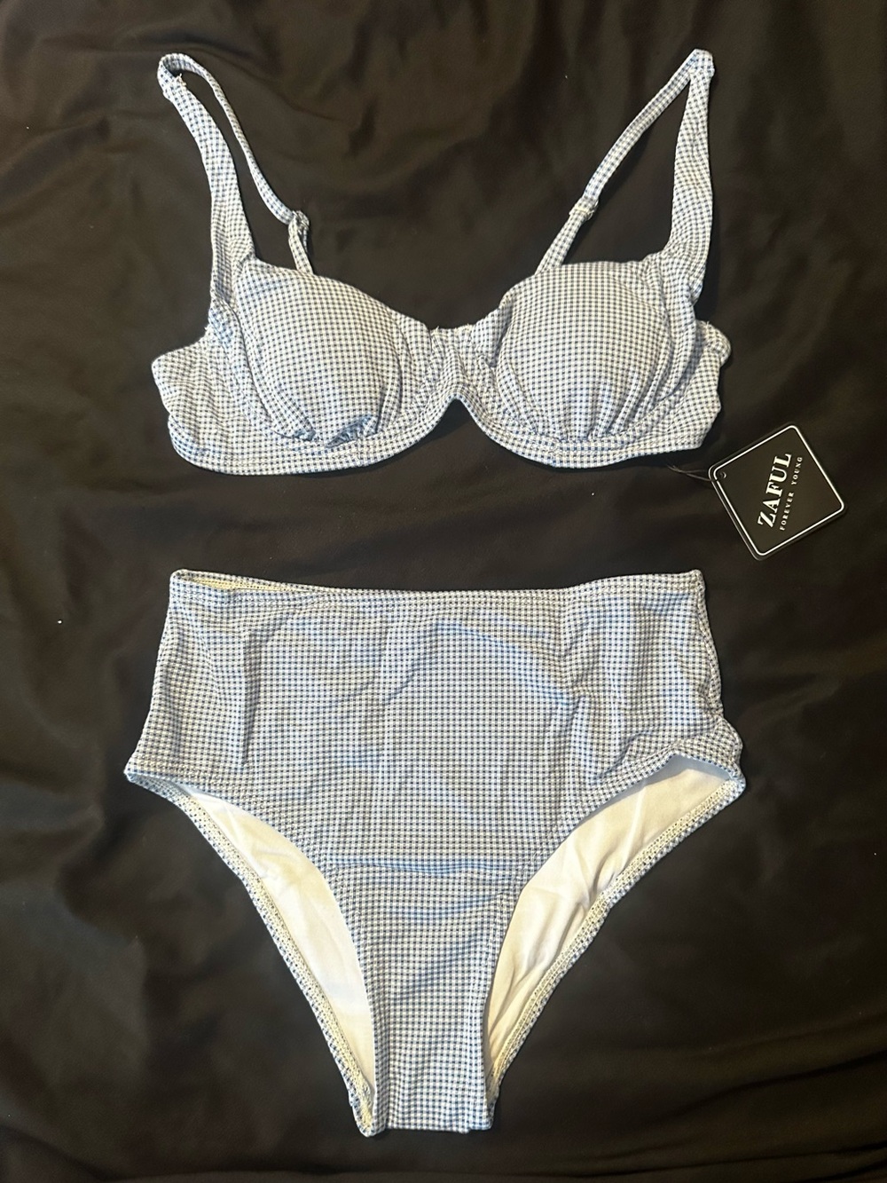 2 Piece Underwire Bikini Blue Gingham Swimsuit Hi Cut Full Bottom Size Small NEW
